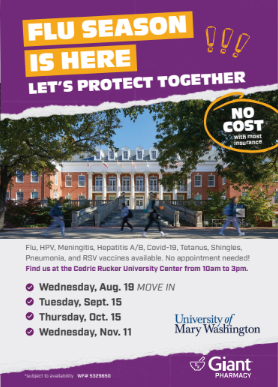 a picture of Lee Hall with students in front and dates of when Giant will be on campus and what vaccinations are available.