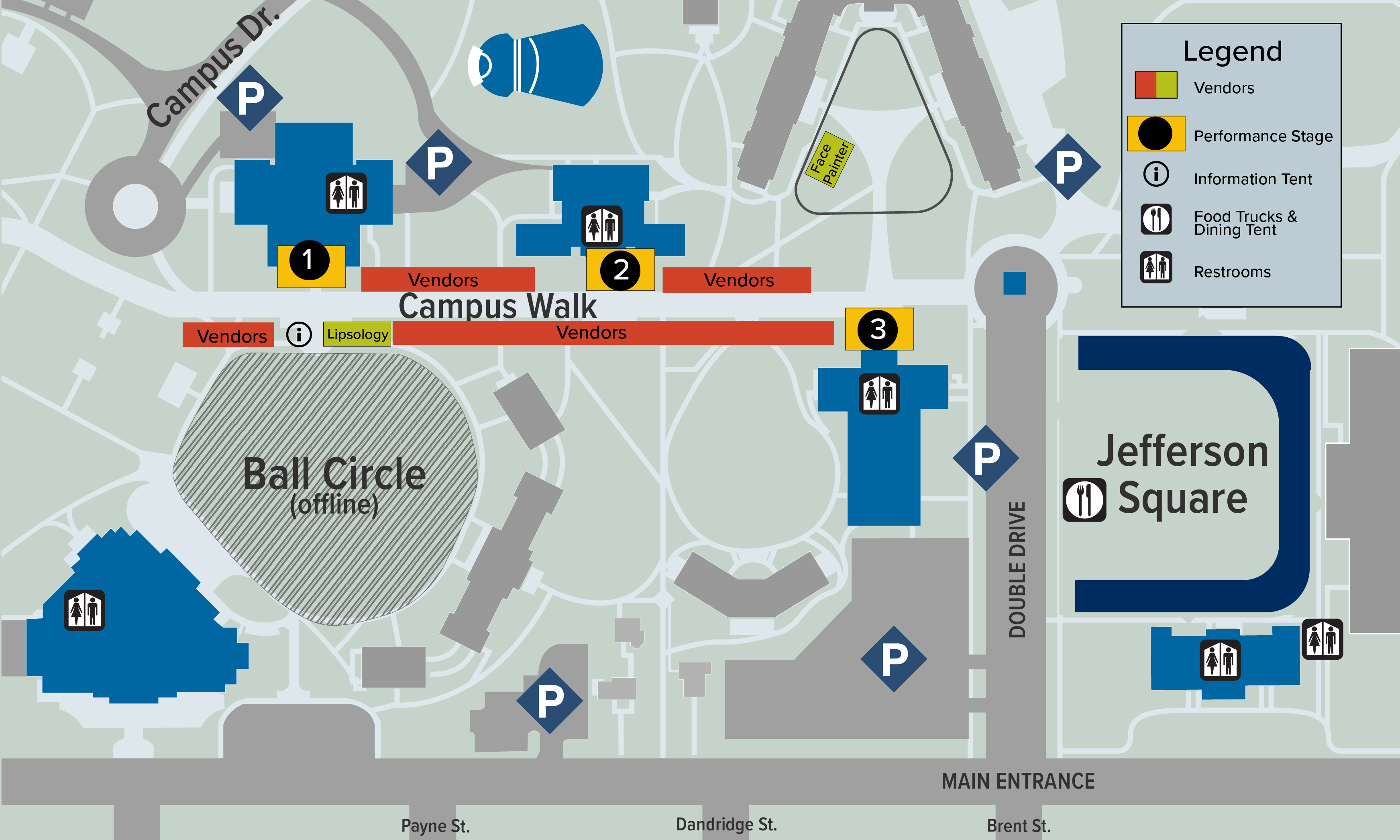 A map of UMW Fredericksburg Campus with Multicultural Fair locations marked. For accessible map, please visit https://www.umw.edu/visitors/. For Multicultural Fair information, contact jfmc@mail.umw.edu or stop by the Information Table located at Campus Walk near Lee Hall (Rain location: 2nd floor of the Cedric Rucker University Center, Front desk) on the day of the Multicultural Fair
